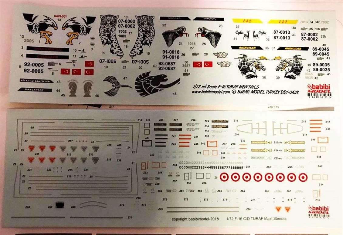 Babibi DDT01018 1/72 F-16, Stencil 30-40-50-50M-50+ New, Dekal Çıkartma